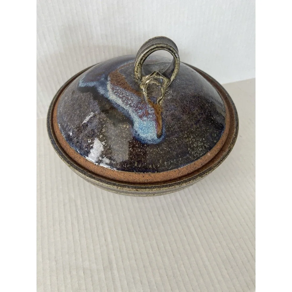 Vintage Signed Studio Pottery Covered Stoneware Serving Bowl with Lid 8
